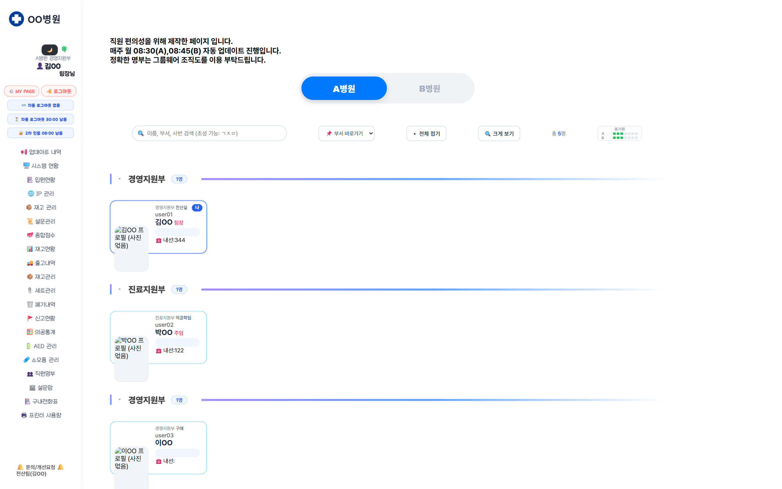 직원명부 1차 화면. 가운데 위에 A병원·B병원 선택 버튼이 크게 있고, 아래 부서별로 직원 카드가 놓여 있다.